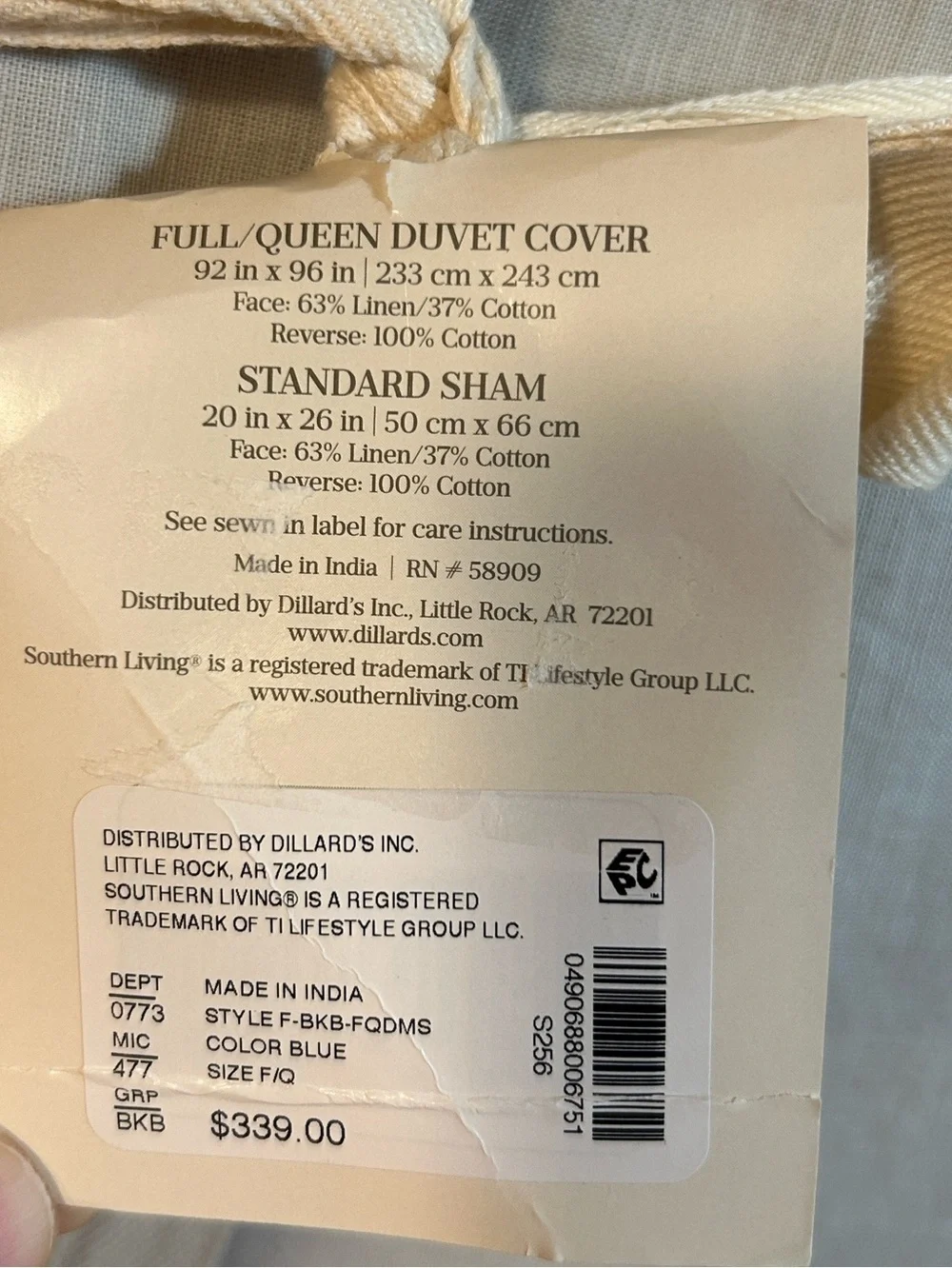 Southern Living Brooke Blue Ruffled Linen Blend Full/Queen Duvet NWT $339